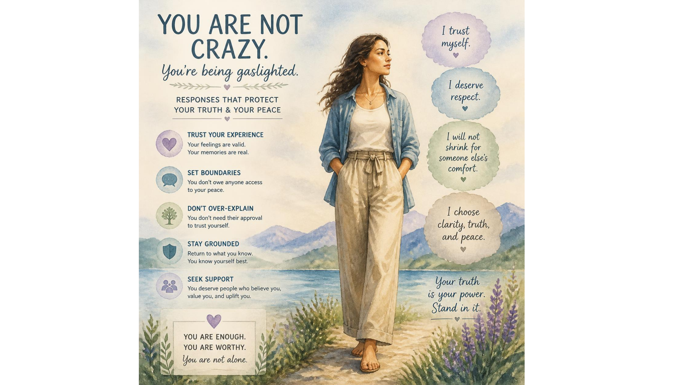 "Infographic validating gaslighting victims with message 'You are not crazy, you're being gaslighted' showing protective responses: trust your experience, set boundaries, don't over-explain, stay grounded, seek support, with affirmations of self-worth and empowerment