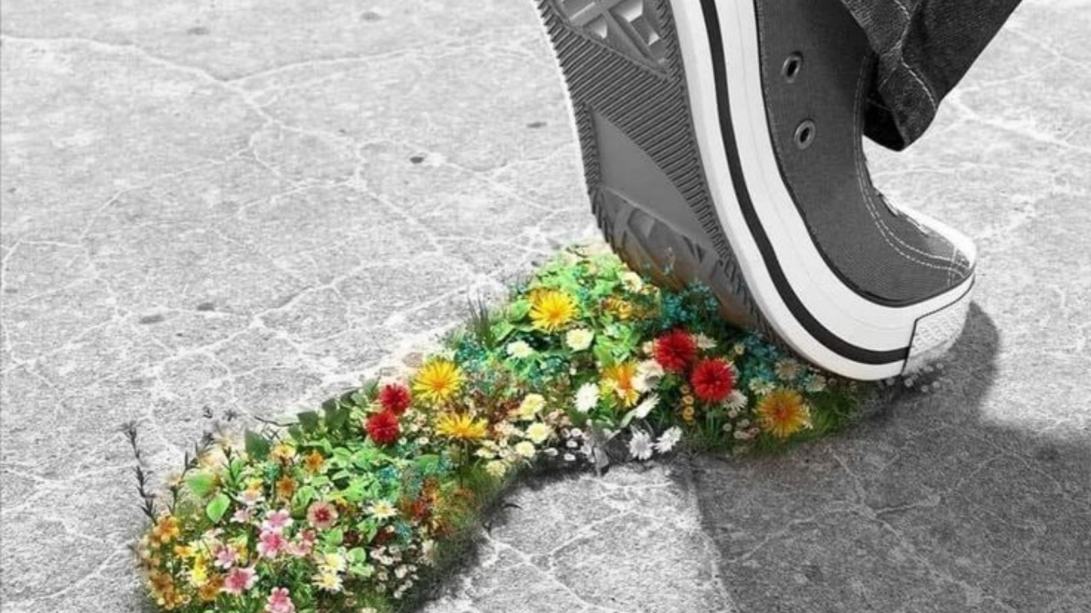 Foot stepping past colorful flowers growing through concrete crack, representing the difficulty of walking away from narcissist, leaving despite good memories, and choosing yourself over attachment