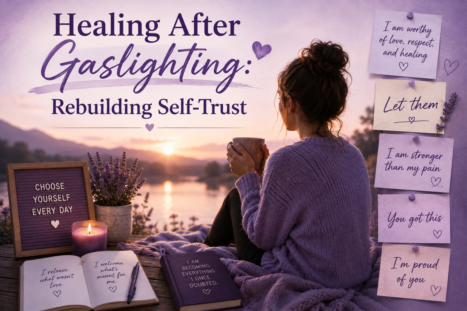 Infographic showing healing after gaslighting with affirmations for rebuilding self-trust: choose yourself, reclaim what wasn't love, rebuild confidence, with messages of worthiness, strength, and healing after narcissistic gaslighting trauma