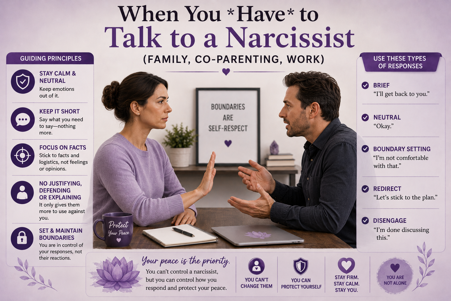 Comprehensive infographic showing when you must talk to a narcissist in family, co-parenting, or work situations with 5 guiding principles: stay calm and neutral, keep it short, focus on facts, no justifying or defending, set and maintain boundaries—plus 5 response types including brief, neutral, boundary-setting, redirect, and disengage strategies Comprehensive infographic showing when you must talk to a narcissist in family, co-parenting, or work situations with 5 guiding principles: stay calm and neutral, keep it short, focus on facts, no justifying or defending, set and maintain boundaries—plus 5 response types including brief, neutral, boundary-setting, redirect, and disengage strategies