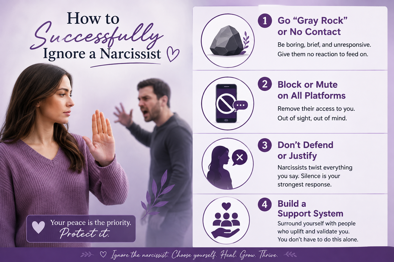 Infographic showing 4 strategies to successfully ignore a narcissist: go gray rock or no contact by being boring and unresponsive, block or mute on all platforms to remove access, don't defend or justify your silence, build a support system for validation—empowering guide to ignoring narcissists while protecting your peace Infographic showing 4 strategies to successfully ignore a narcissist: go gray rock or no contact by being boring and unresponsive, block or mute on all platforms to remove access, don't defend or justify your silence, build a support system for validation—empowering guide to ignoring narcissists while protecting your peace