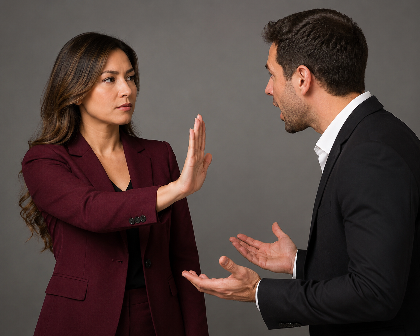 Woman holding firm boundary with raised hand while man attempts to persuade, representing setting non-negotiable boundaries with narcissists, refusing manipulation, standing firm against pressure, and protecting your position Woman holding firm boundary with raised hand while man attempts to persuade, representing setting non-negotiable boundaries with narcissists, refusing manipulation, standing firm against pressure, and protecting your position