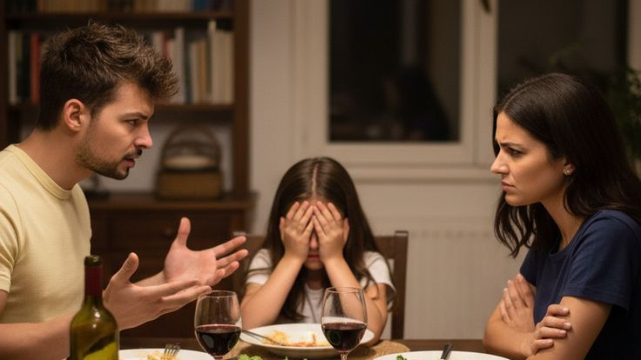 "Family argument with narcissistic parent arguing while child covers face in distress caught in middle, representing co-parenting with narcissist, unavoidable contact strategies, protecting children from narcissistic abuse, and managing shared custody dynamics "Family argument with narcissistic parent arguing while child covers face in distress caught in middle, representing co-parenting with narcissist, unavoidable contact strategies, protecting children from narcissistic abuse, and managing shared custody dynamics