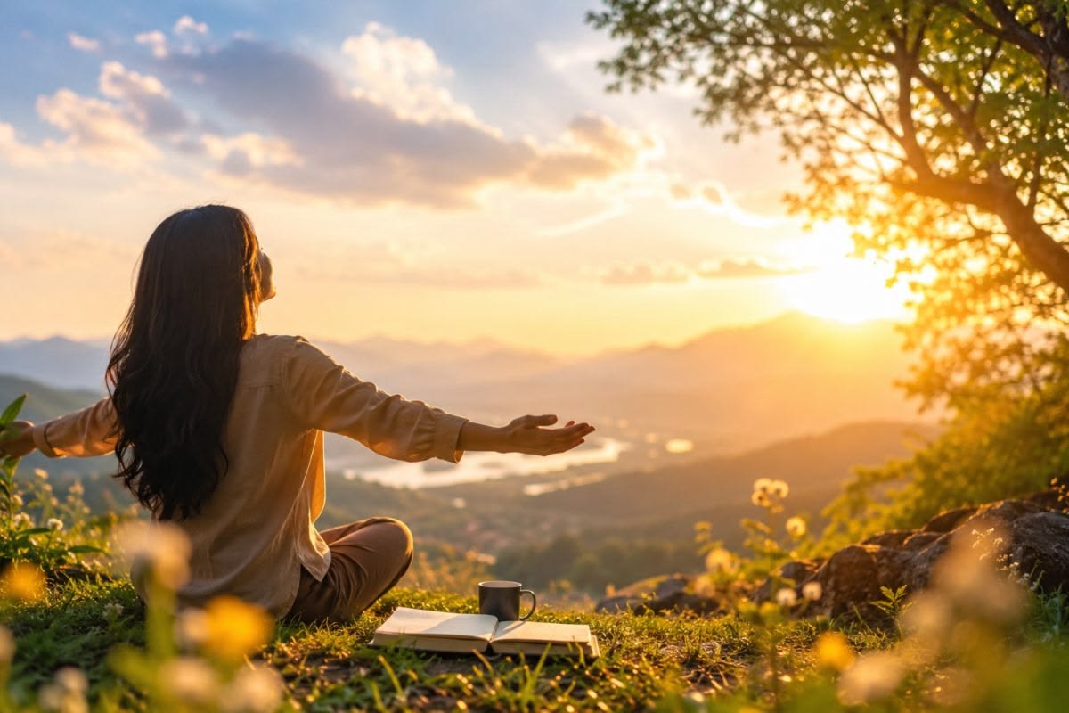 Woman sitting peacefully on hillside overlooking mountains at sunset with arms outstretched in victory, representing healing after narcissistic abuse, recovery journey completion, finding peace and freedom, self-discovery, and celebrating personal transformation Woman sitting peacefully on hillside overlooking mountains at sunset with arms outstretched in victory, representing healing after narcissistic abuse, recovery journey completion, finding peace and freedom, self-discovery, and celebrating personal transformation