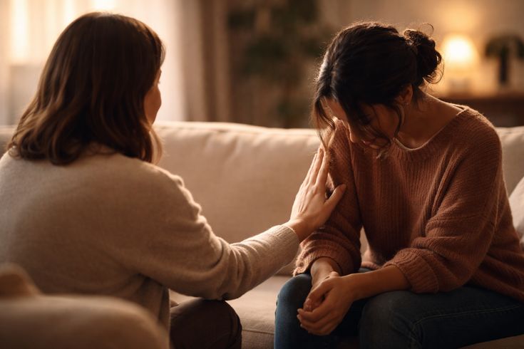Woman comforting distressed friend on couch with compassionate support, representing seeking help after narcissistic abuse, building support systems, trusted friends, therapeutic support, healing through connection, and finding compassionate care during recovery Woman comforting distressed friend on couch with compassionate support, representing seeking help after narcissistic abuse, building support systems, trusted friends, therapeutic support, healing through connection, and finding compassionate care during recovery
