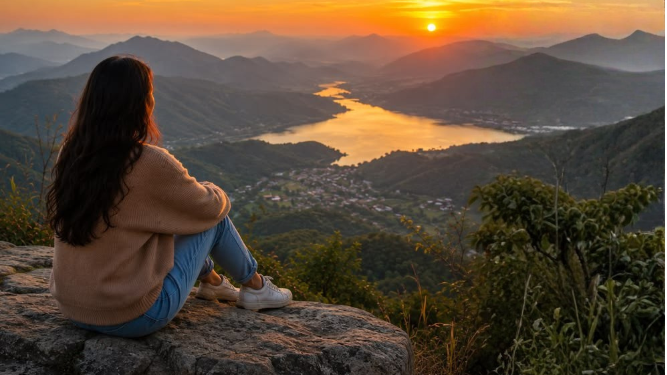 Woman sitting peacefully on mountain cliff overlooking lake and valley at sunset, representing inner peace after narcissistic abuse recovery, gaining perspective on life, freedom and solitude, embracing your new life, and the serenity of complete healing