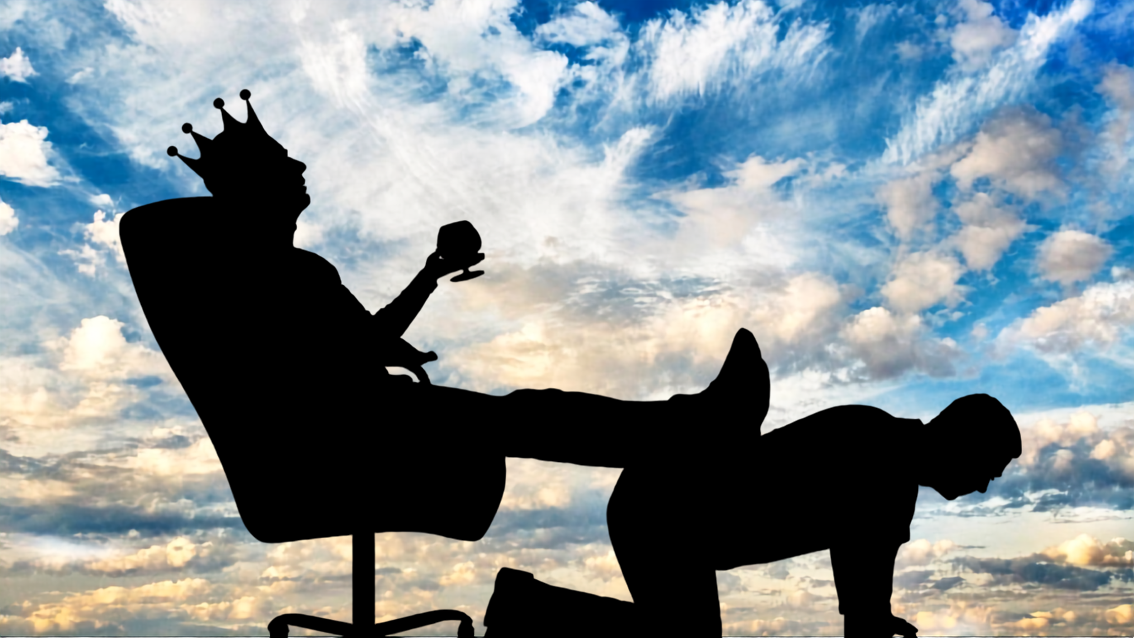 Silhouette of person wearing crown sitting in chair with feet up while another person kneels below against sky background—illustrating narcissistic entitlement, superiority complex, power dynamics, victim devaluation, and narcissistic abuse dominance in relationships Silhouette of person wearing crown sitting in chair with feet up while another person kneels below against sky background—illustrating narcissistic entitlement, superiority complex, power dynamics, victim devaluation, and narcissistic abuse dominance in relationships