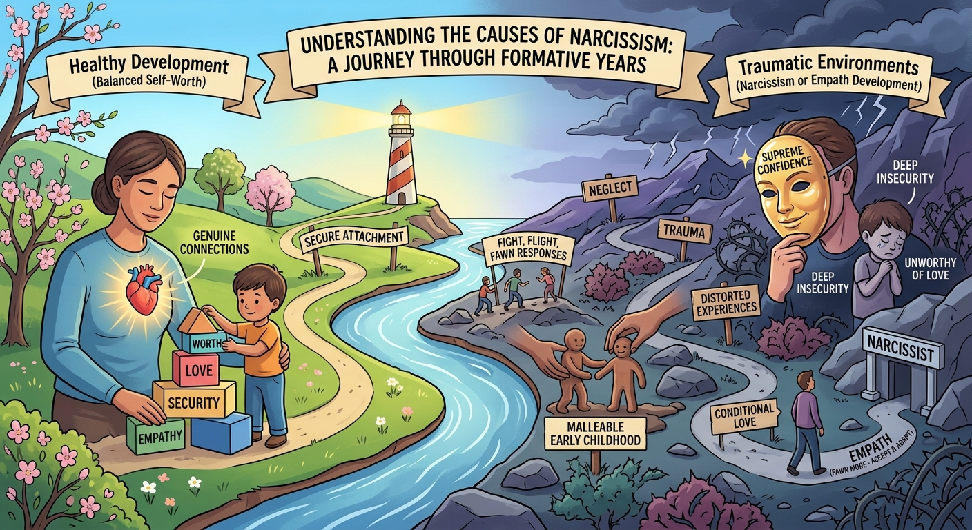 Infographic illustrating the causes of narcissism comparing healthy child development with secure attachment, empathy and balanced self-worth versus traumatic environments with neglect, insecure attachment, conditional love and deep insecurity—showing formative years impact on narcissistic personality development Infographic illustrating the causes of narcissism comparing healthy child development with secure attachment, empathy and balanced self-worth versus traumatic environments with neglect, insecure attachment, conditional love and deep insecurity—showing formative years impact on narcissistic personality development
