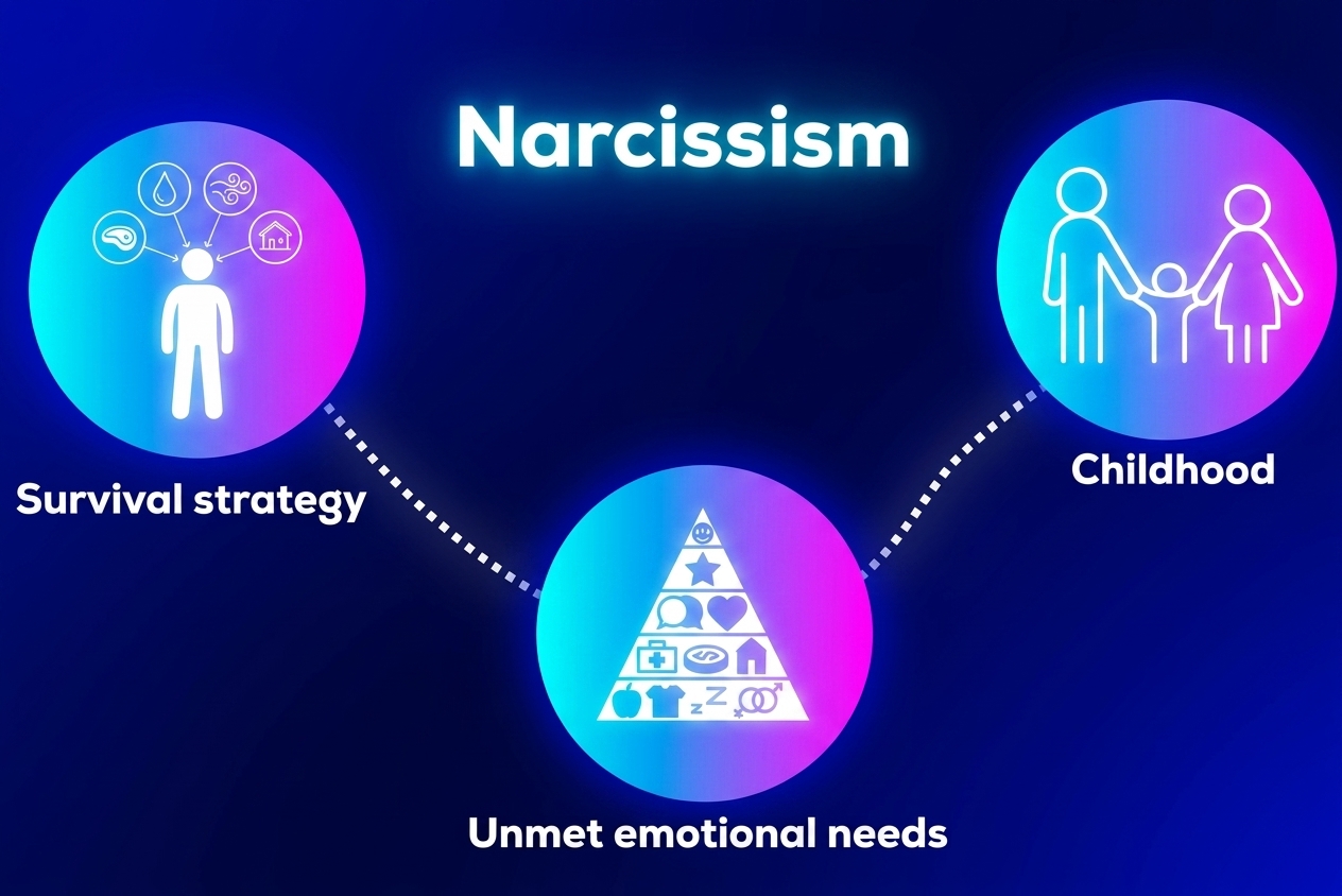 Infographic showing three interconnected causes of narcissism including survival strategy, childhood family dynamics, unmet emotional needs pyramid, and psychological foundations—illustrating narcissistic development factors, childhood trauma, emotional neglect, coping mechanisms, narcissistic personality formation, and roots of narcissistic behavior patterns Infographic showing three interconnected causes of narcissism including survival strategy, childhood family dynamics, unmet emotional needs pyramid, and psychological foundations—illustrating narcissistic development factors, childhood trauma, emotional neglect, coping mechanisms, narcissistic personality formation, and roots of narcissistic behavior patterns
