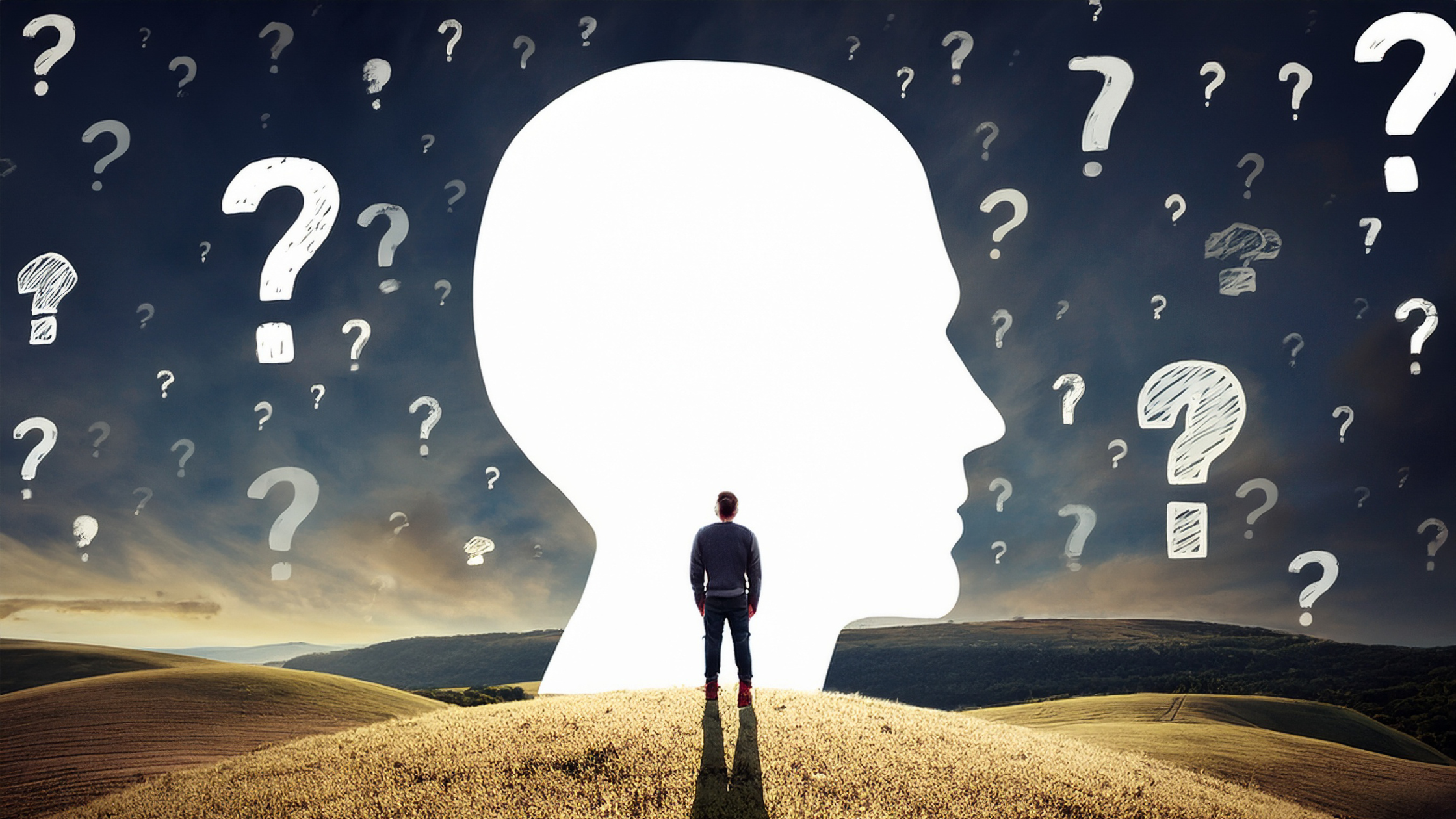 "Person standing in field gazing at large white head silhouette surrounded by question marks against dark sky—illustrating questions about narcissism prevention, narcissistic personality disorder treatment options, can narcissism be cured, therapy interventions, psychological management strategies, and possibilities for treating narcissistic behaviors and patterns "Person standing in field gazing at large white head silhouette surrounded by question marks against dark sky—illustrating questions about narcissism prevention, narcissistic personality disorder treatment options, can narcissism be cured, therapy interventions, psychological management strategies, and possibilities for treating narcissistic behaviors and patterns