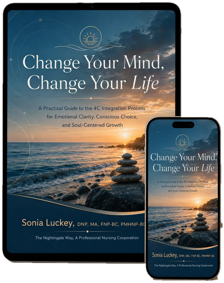 Change Your Mind, Change Your Life — a practical guide to the 4C Integration Process by Sonia Luckey, DNP, MA, shown on a tablet and phone