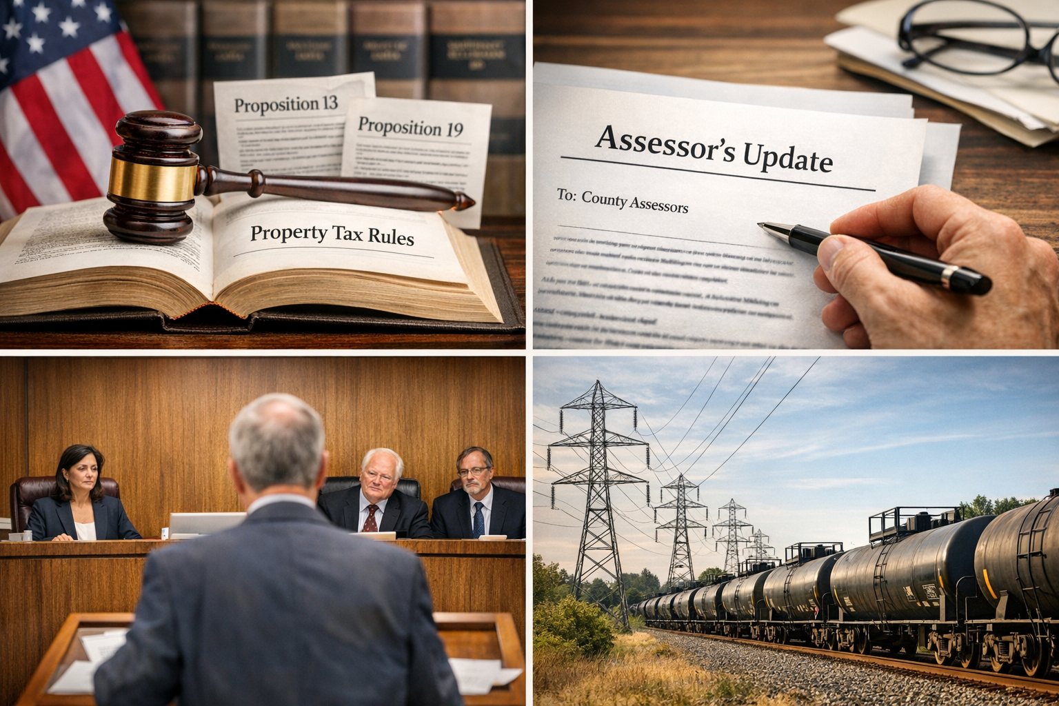 California property tax system collage showing Prop 13 and 19, assessor updates, appeals hearing, and utility valuation