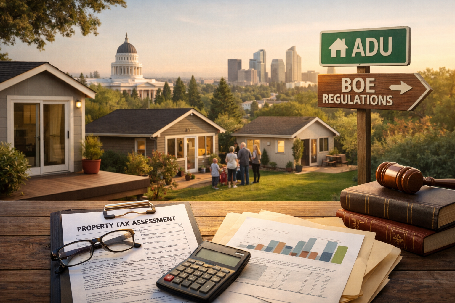 California ADU and BOE property tax regulations concept with homes, assessment documents, and city skyline