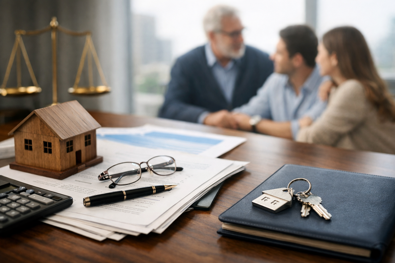 Family discussing property and estate planning with home model, documents, and keys symbolizing legacy protection