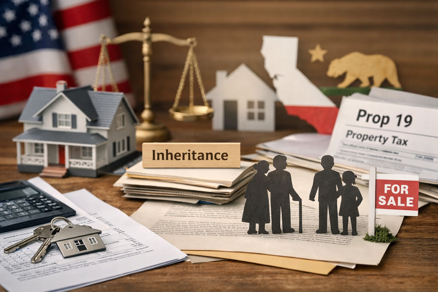 California Prop 19 inheritance and property tax concept with home, family figures, and for sale sign