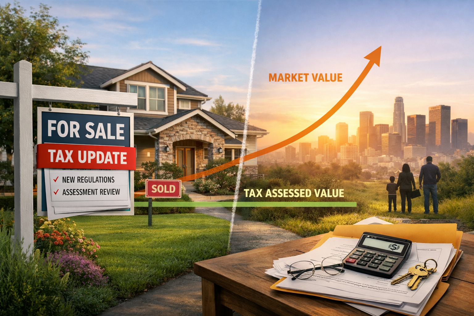 Graphic illustrating rising California property market values versus tax assessed value with tax update notice, family home, and estate planning documents highlighting 2026 property tax reassessment concerns.