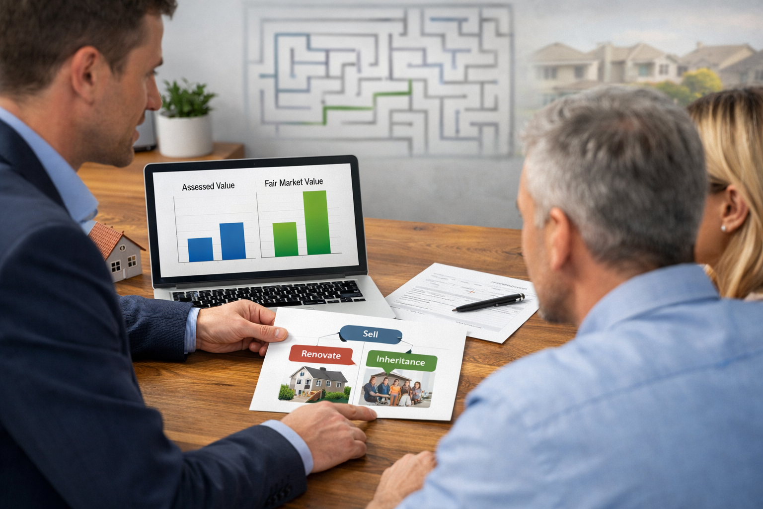 Financial advisor meeting with homeowners to discuss property tax planning, inheritance options, assessed value versus fair market value, and real estate decision strategies.
