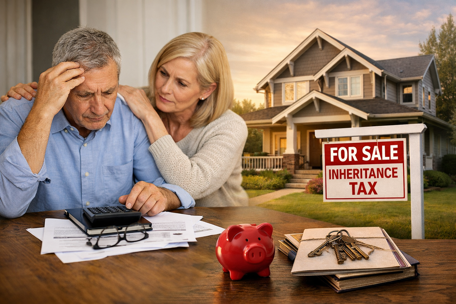 Concerned senior couple reviewing inheritance tax and estate paperwork with calculator, family home, and “For Sale Inheritance Tax” sign representing financial impact of property inheritance taxes.