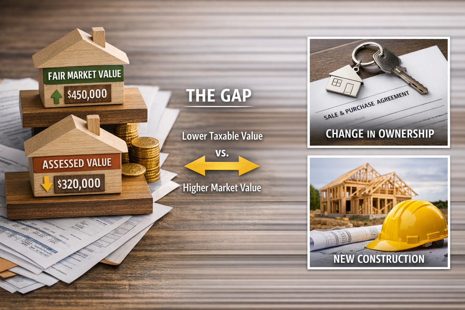 Illustration showing the gap between assessed property value and fair market value with examples of change in ownership and new construction triggering California property tax reassessment.