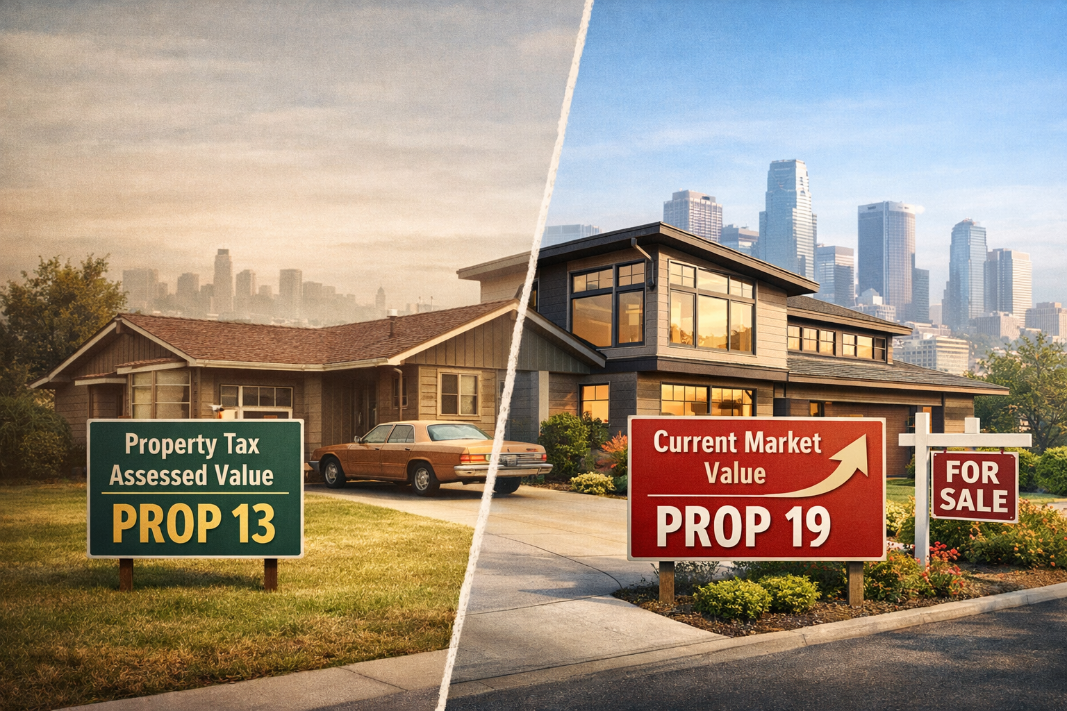 Split image comparing California Prop 13 property tax assessment with Prop 19 current market value reassessment on residential homes for estate planning and inheritance tax discussion.