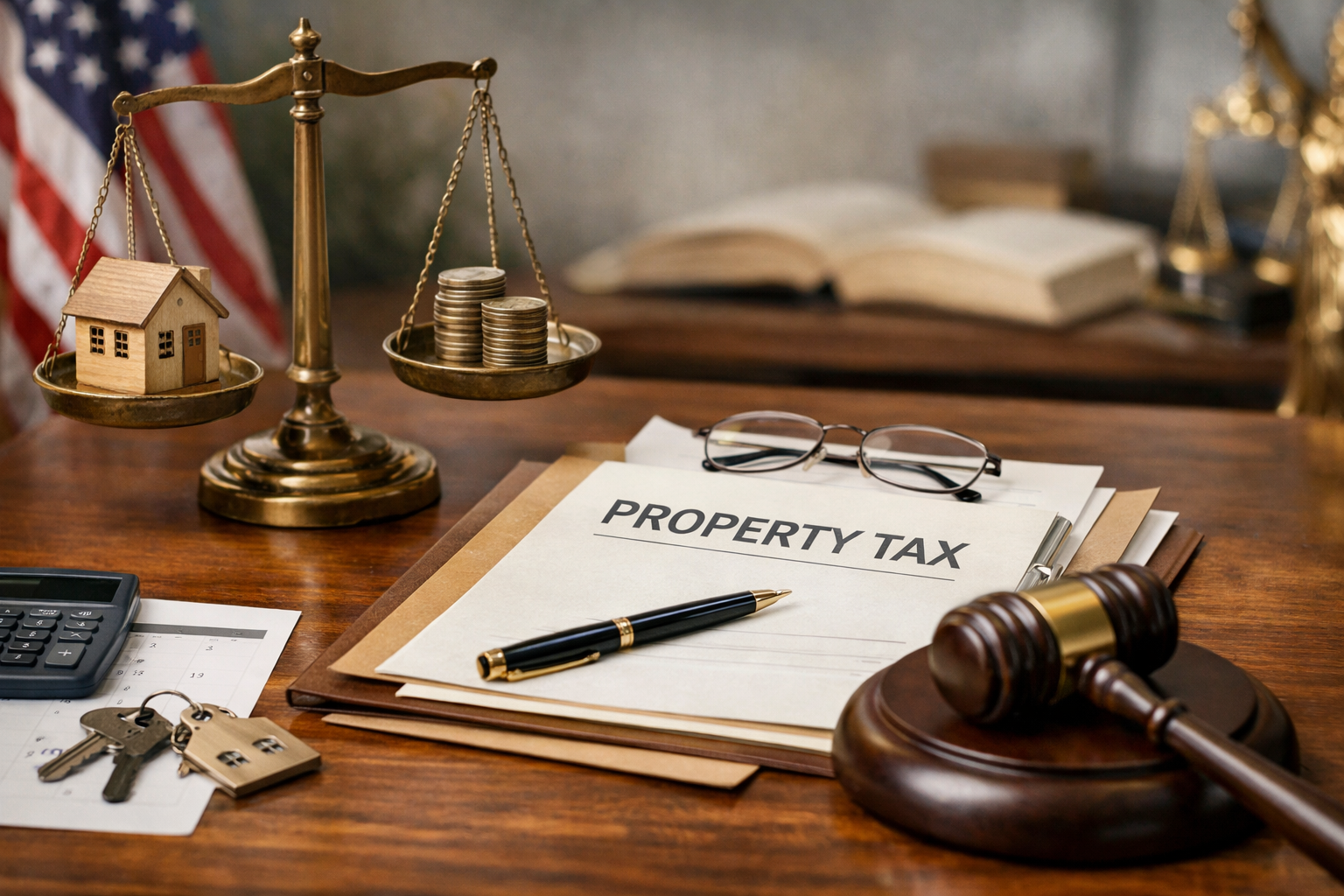 Property tax legal concept with gavel, balance scale, house model, tax documents, and estate planning paperwork representing California property tax laws and reassessment regulations.
