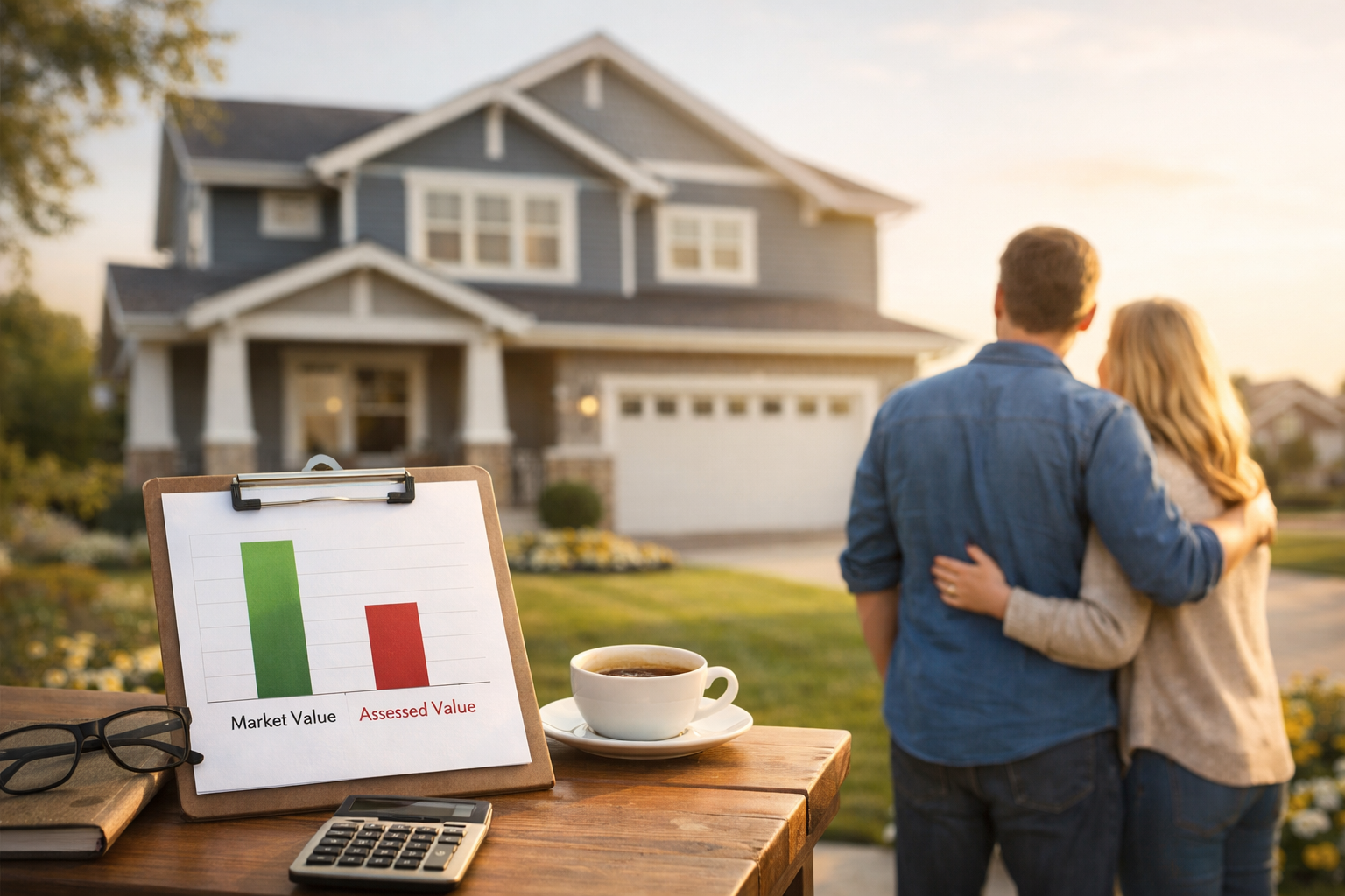 Couple standing outside suburban home reviewing market value versus assessed value chart with calculator and financial documents related to property taxes and homeownership planning.