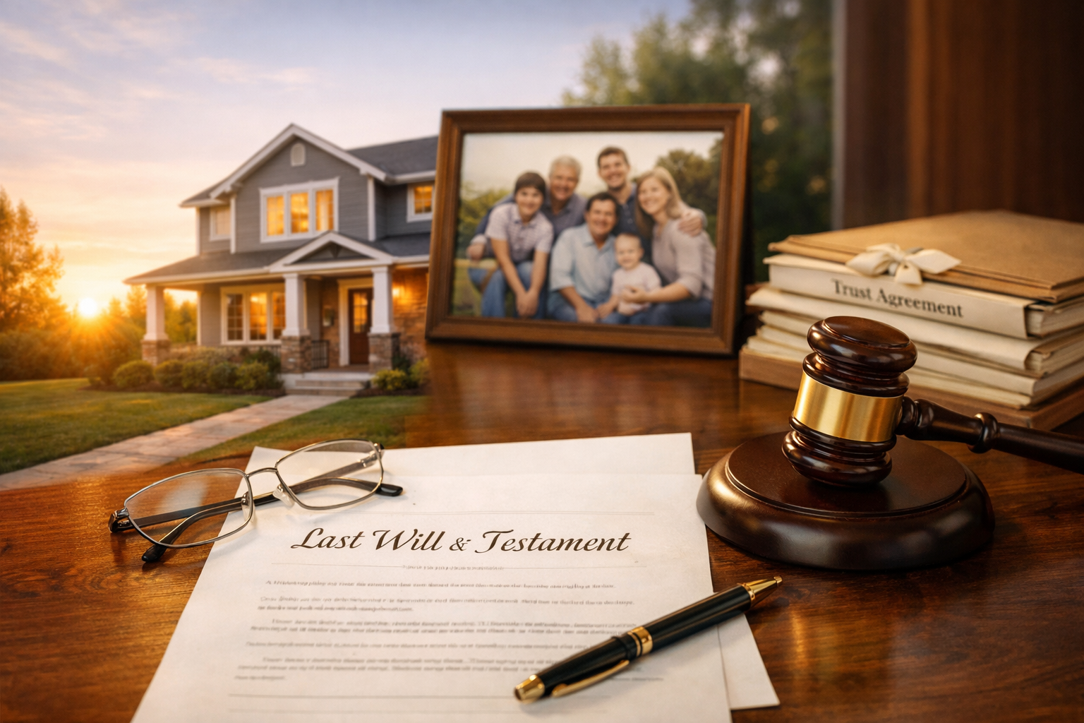 Last will and testament with family home, trust documents, and estate planning tools for protecting generational wealth in California