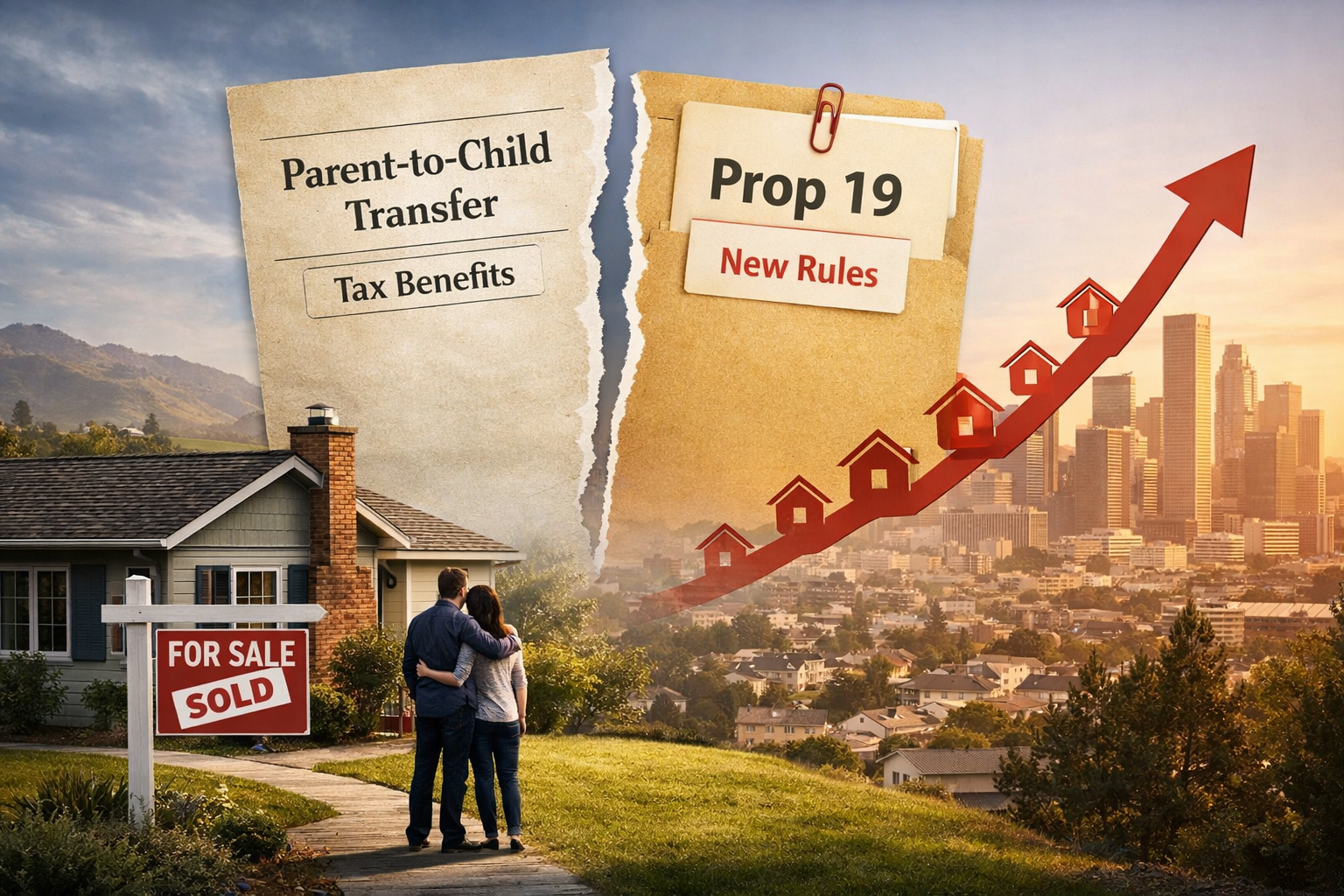 California Prop 19 parent-to-child property transfer tax changes with rising home values and family home sale illustration