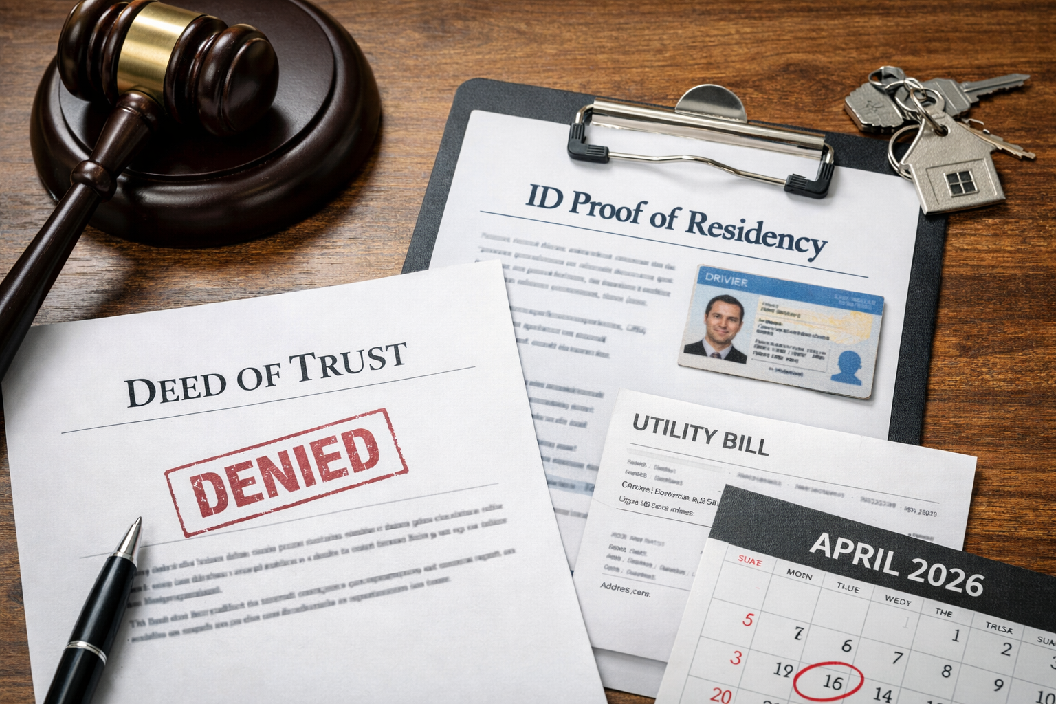 Denied deed of trust and California residency proof documents illustrating Prop 19 filing deadlines and property tax transfer requirements