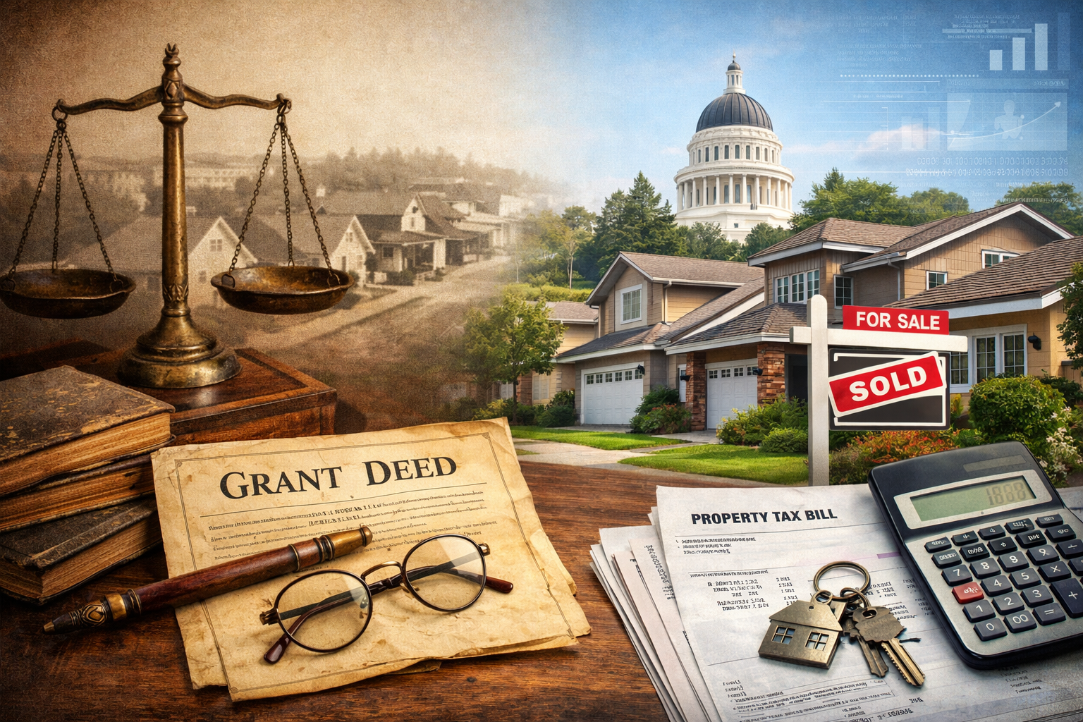 California property tax reassessment and grant deed transfer illustration with estate planning, home sales, and inheritance law concepts California property tax reassessment and grant deed transfer illustration with estate planning, home sales, and inheritance law concepts