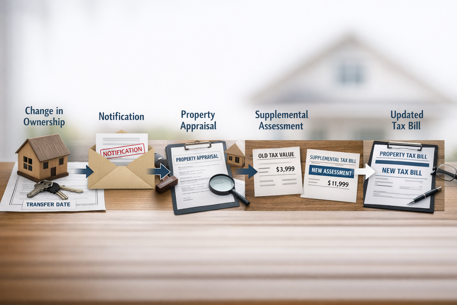 California property tax reassessment process after home ownership transfer showing appraisal, supplemental assessment, and updated tax bill steps California property tax reassessment process after home ownership transfer showing appraisal, supplemental assessment, and updated tax bill steps