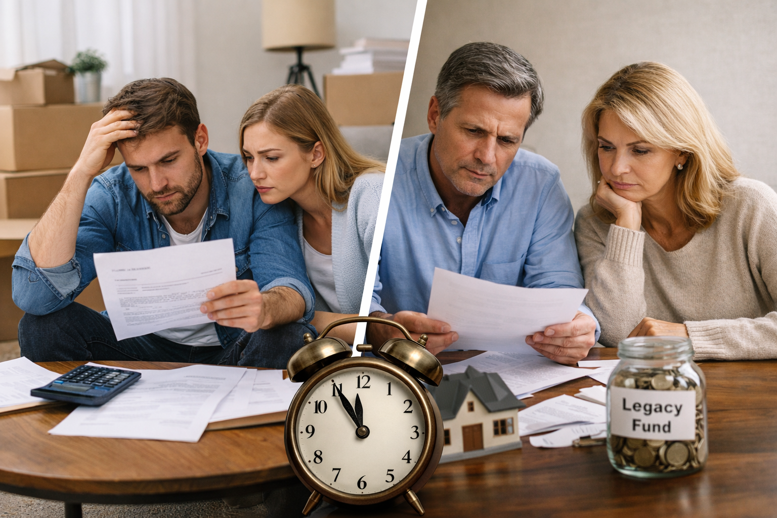 Families reviewing inheritance and estate planning documents with financial concerns over property taxes and legacy wealth protection in California Families reviewing inheritance and estate planning documents with financial concerns over property taxes and legacy wealth protection in California