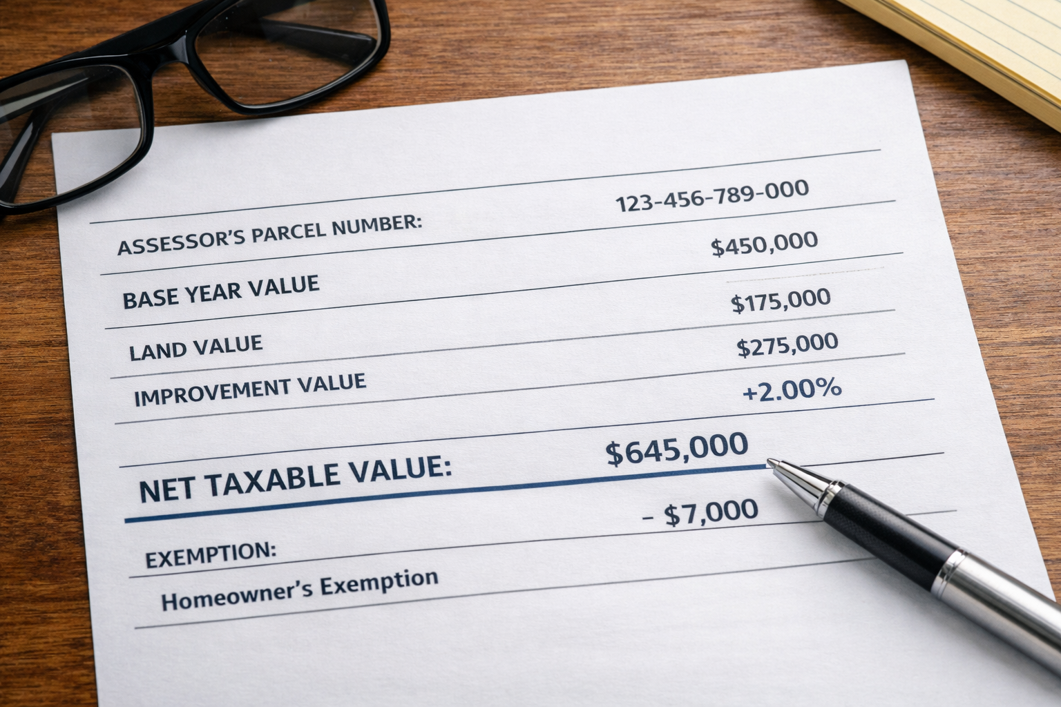 Property tax assessment document showing net taxable value, homeowner exemption, land value, and improvement value on a wooden desk.