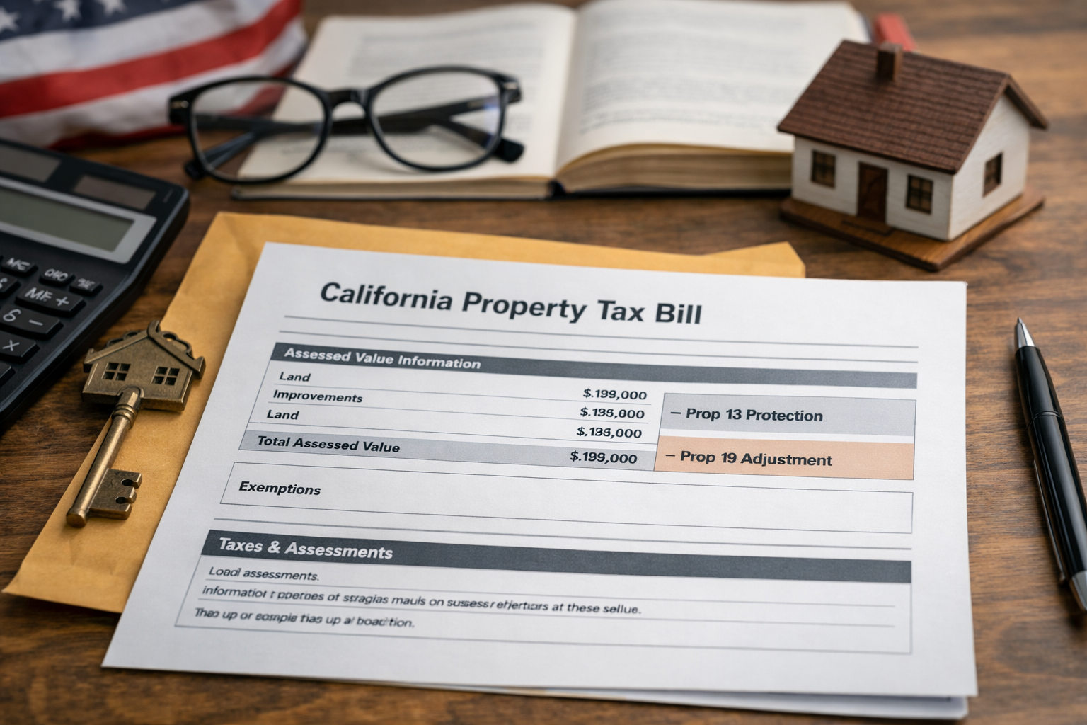 California property tax bill with Prop 13 and Prop 19 adjustments, house model, keys, and financial documents on a desk.