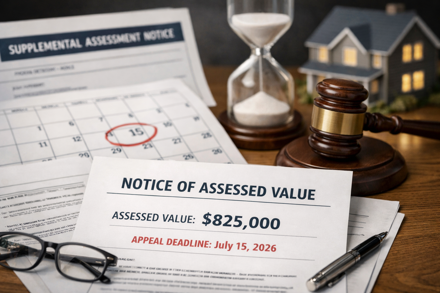 Notice of assessed property value with appeal deadline, supplemental assessment notice, and legal documents related to California property tax reassessment