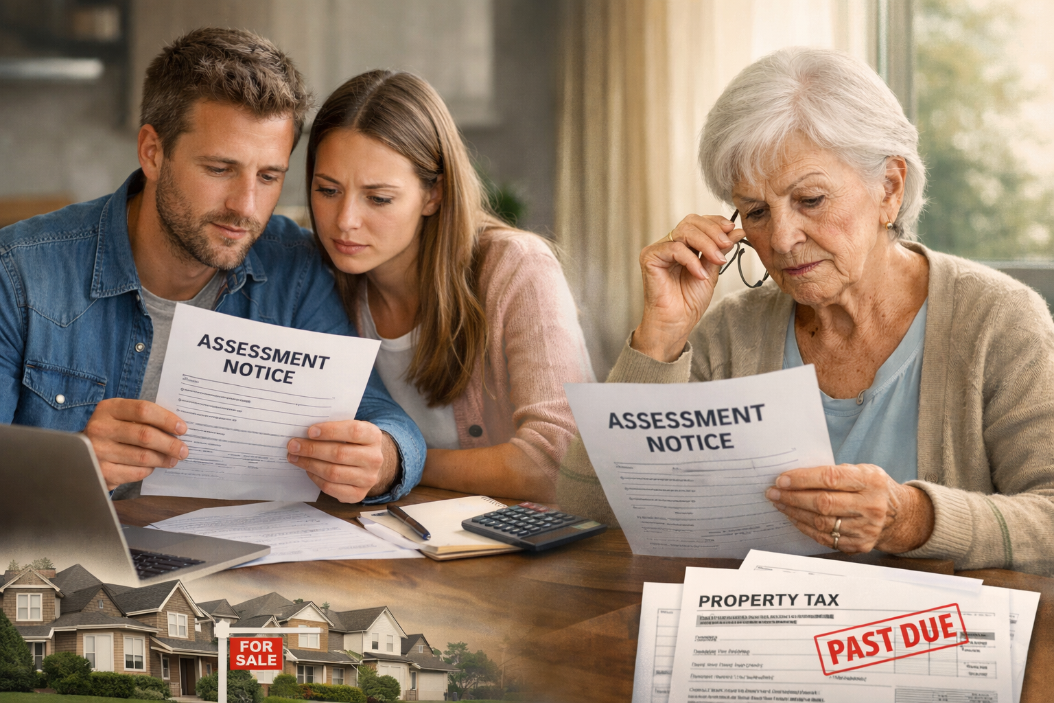 Family reviewing property tax assessment notices and overdue tax documents while discussing California home reassessment and estate planning