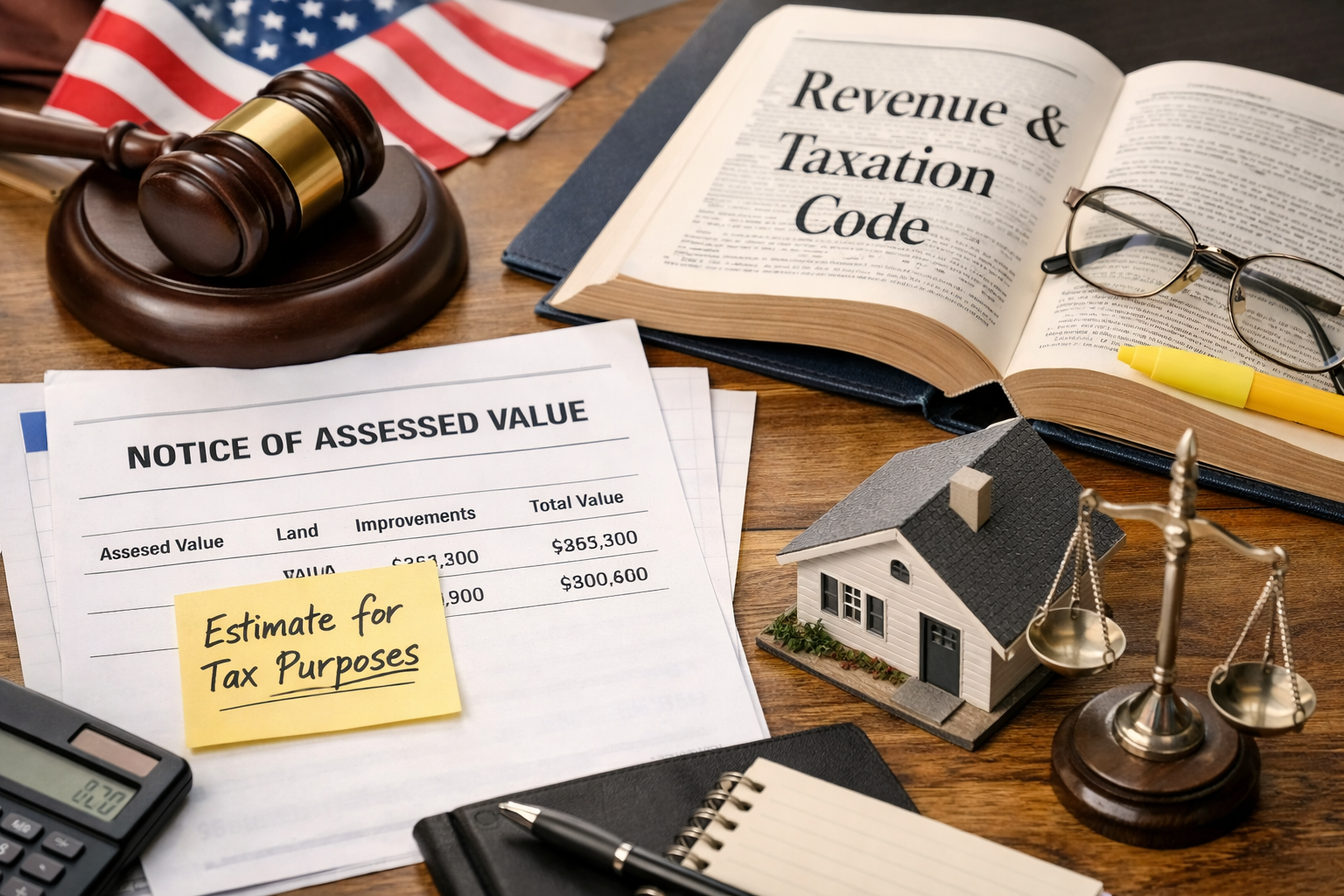 California property tax assessment documents with legal tax code book, house model, and financial planning tools for estate and reassessment guidance