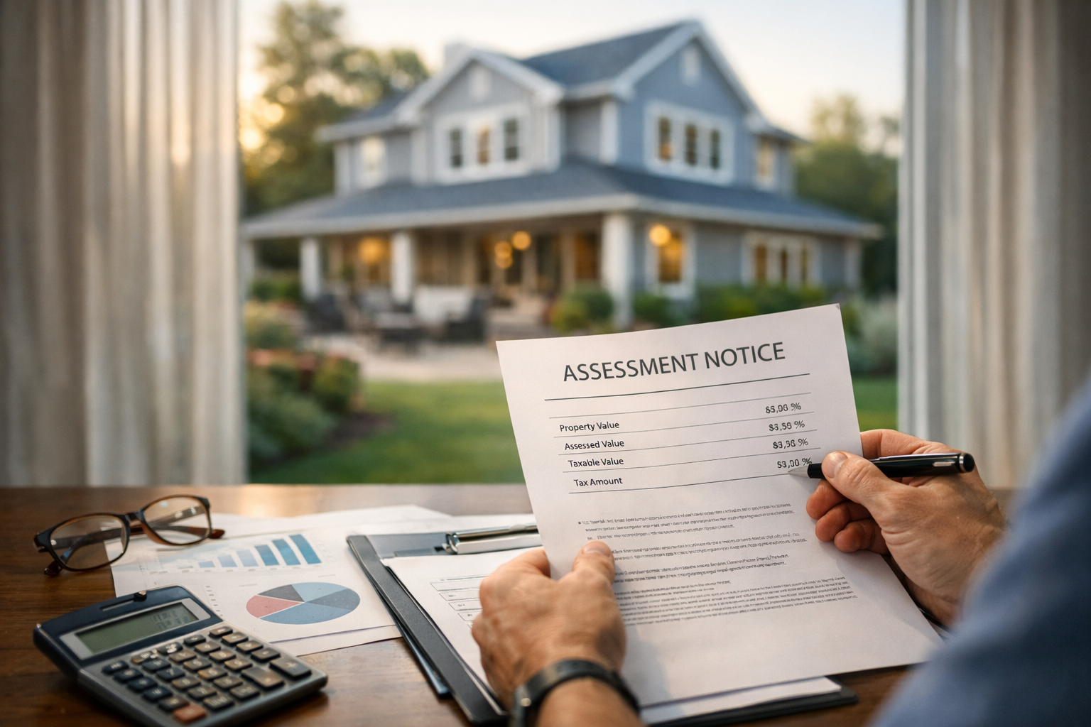 Homeowner reviewing property tax assessment notice with calculator and financial reports while planning for reassessment and tax obligations