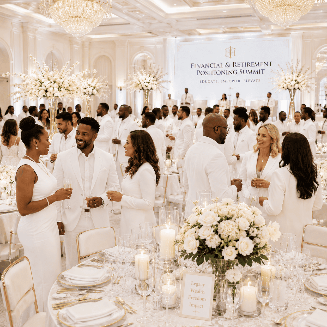 Elegant all white financial summit celebration with professionals networking in a luxury ballroom