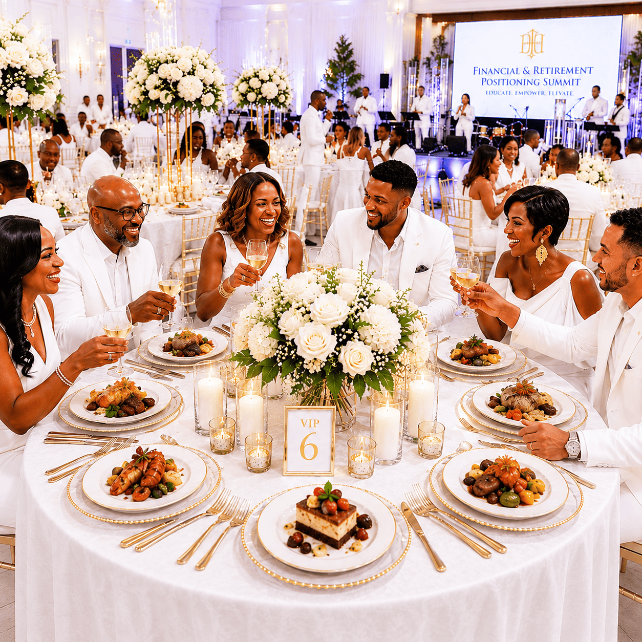 VIP table of six guests enjoying an elegant all-white dinner celebration