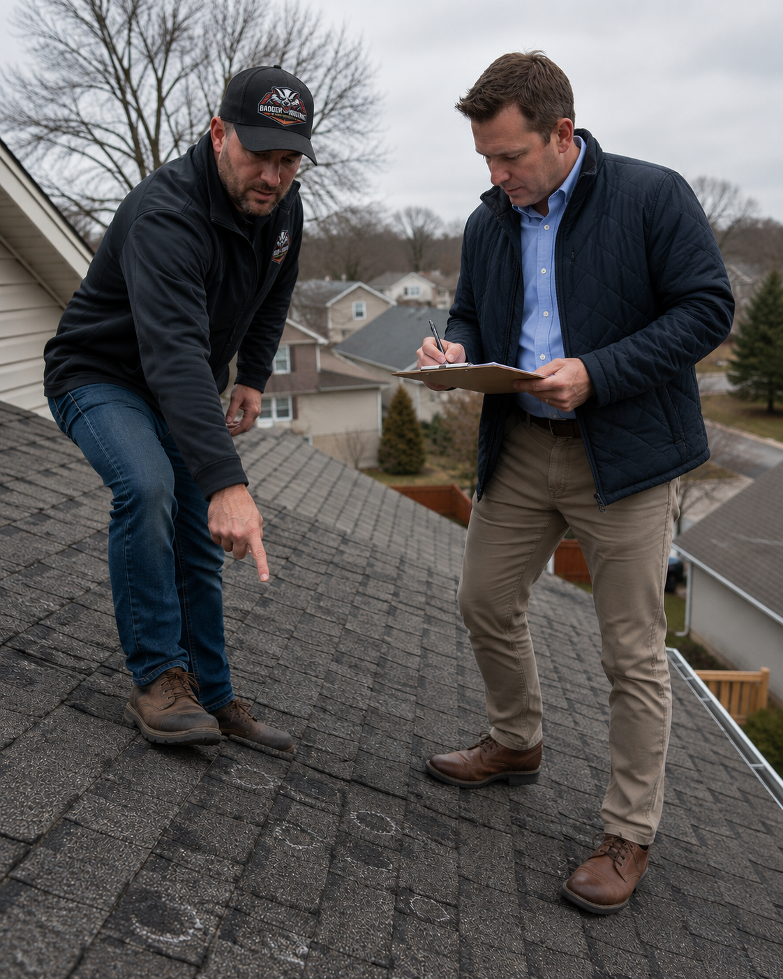 insurance adjuster meeting hail damage Oregon WI | Badger Roofing of Wisconsin