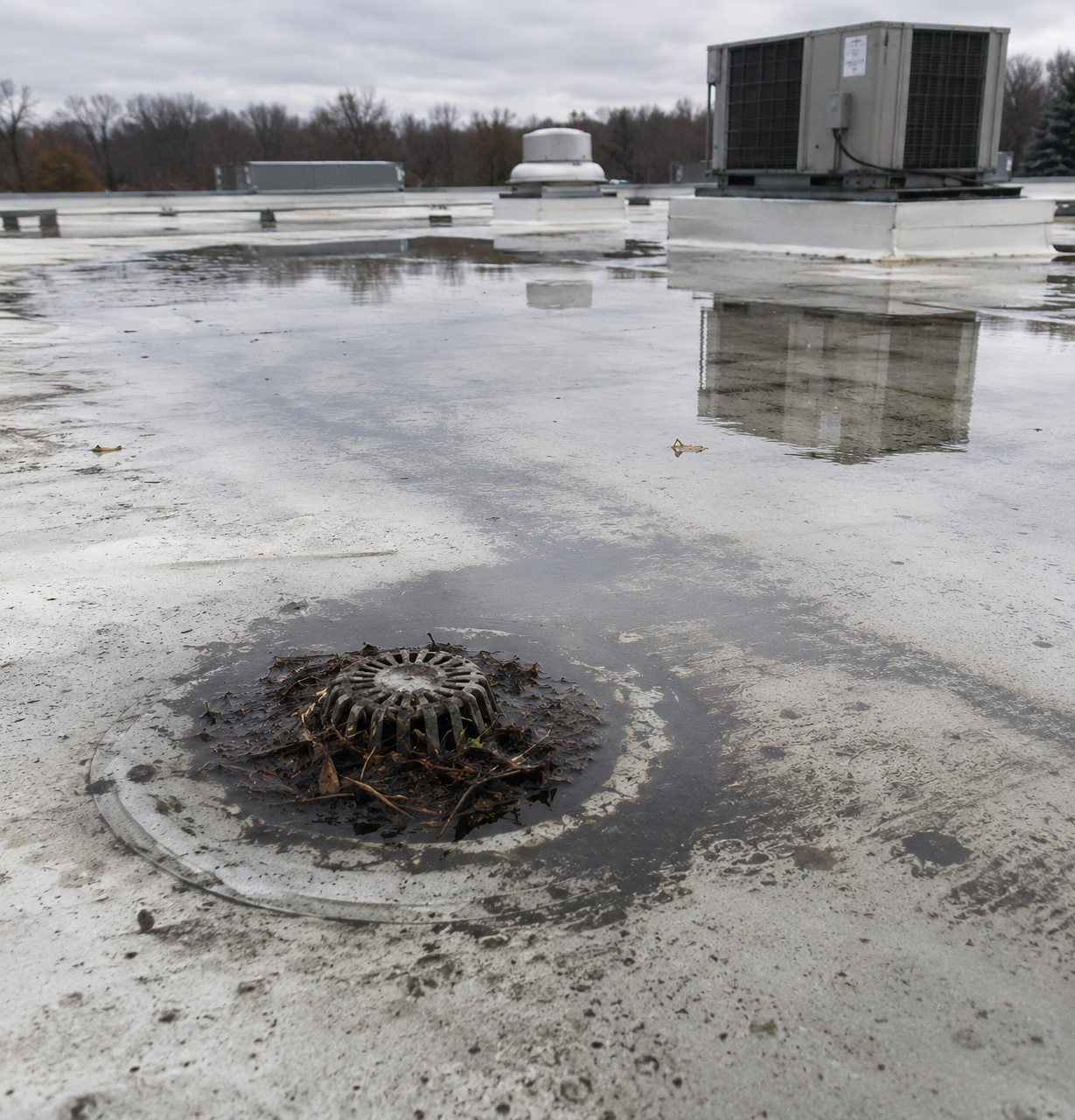 flat roof ponding water drainage repair Dane County WI - Badger Roofing of Wisconsin