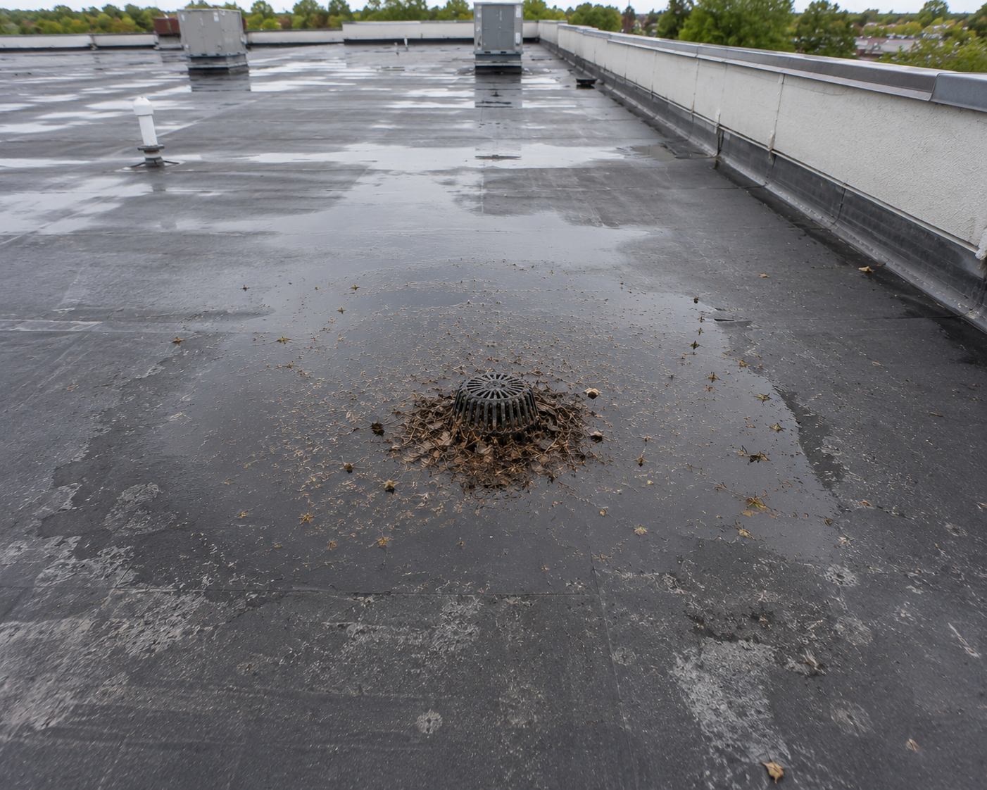 blocked roof drain commercial flat roof Edgerton WI - Badger Roofing of Wisconsin