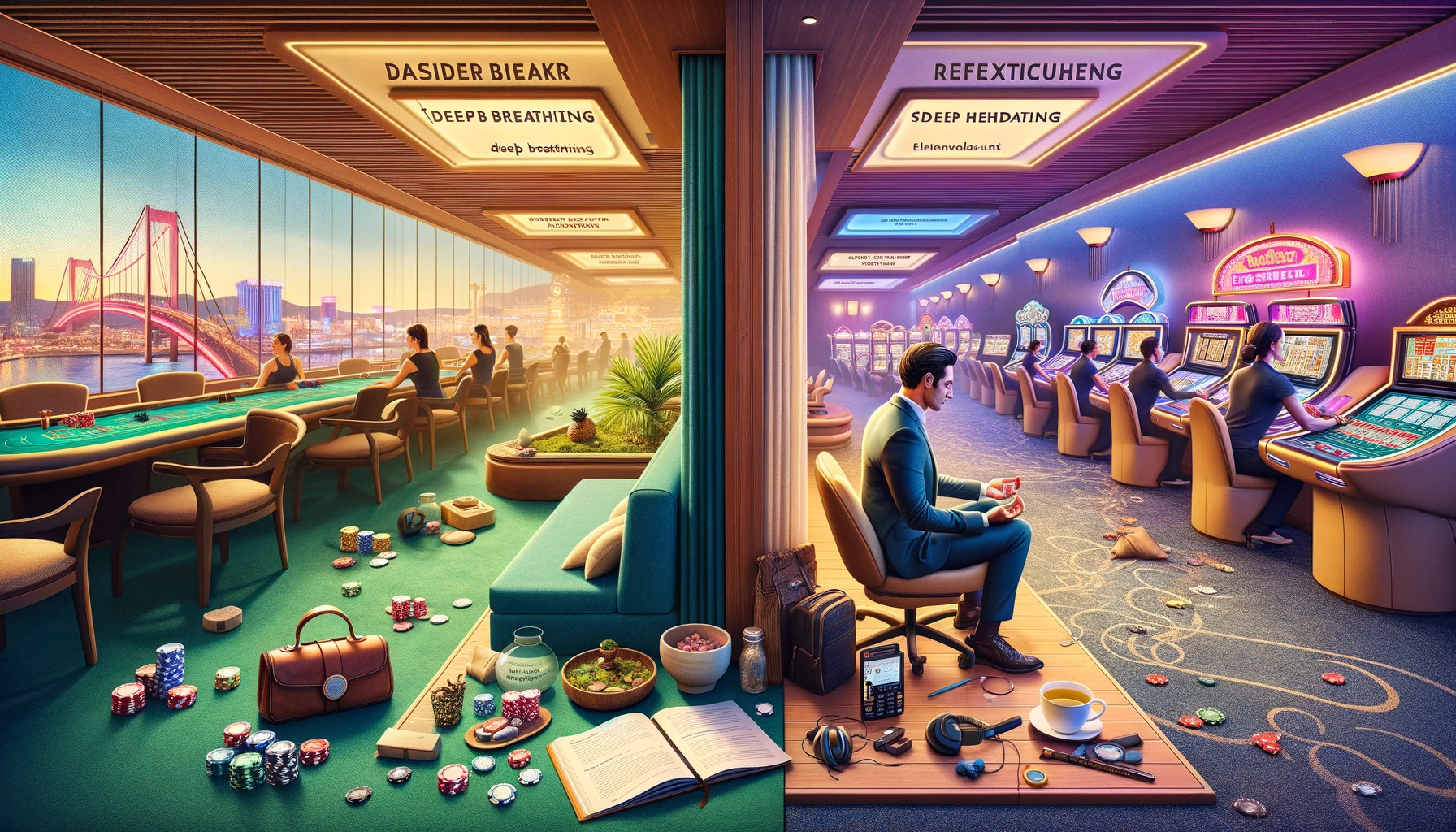 The image presents a casino dealer engaging in stress relief practices within a dedicated relaxation space, distinct from the lively casino floor. It captures a moment of mindfulness exercises, such as deep breathing or meditation, in a serene corner equipped with comfortable seating, soft lighting, and calming elements like an indoor fountain or zen garden. Visible personal wellness tools, including a journal for reflective writing, noise-cancelling headphones for soothing music or guided meditations, and a cup of herbal tea, suggest strategies for managing stress effectively in a high-pressure environment. This visual representation emphasizes practical and accessible methods for casino dealers to find tranquility and maintain well-being amidst their dynamic work setting, focusing on the peaceful activities and environment conducive to relaxation and mental health, without the need for text or specific individuals.