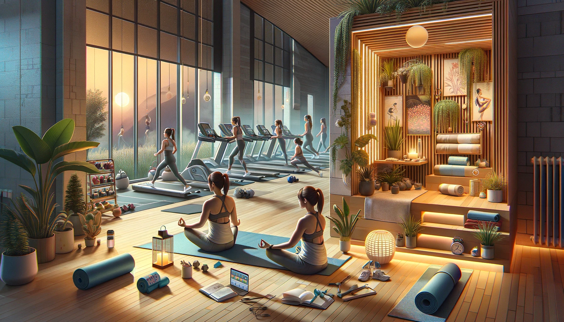 The image portrays a fitness instructor implementing stress relief techniques within a gym setting, emphasizing the balance between high-energy teaching and personal well-being. It features the instructor practicing mindfulness meditation in a tranquil gym corner, enhanced by plants and soft lighting, and taking a restorative walk outdoors, highlighting the value of nature in stress reduction. A personal wellness corner with a yoga mat, a journal, and a speaker playing calming music suggests a comprehensive approach to stress management, covering physical, mental, and emotional aspects. This visual representation aims to demonstrate practical and accessible methods for fitness instructors to find peace and maintain mental health amidst their active work environment, focusing on peaceful activities and settings conducive to relaxation and well-being, without the need for text or specific individuals.