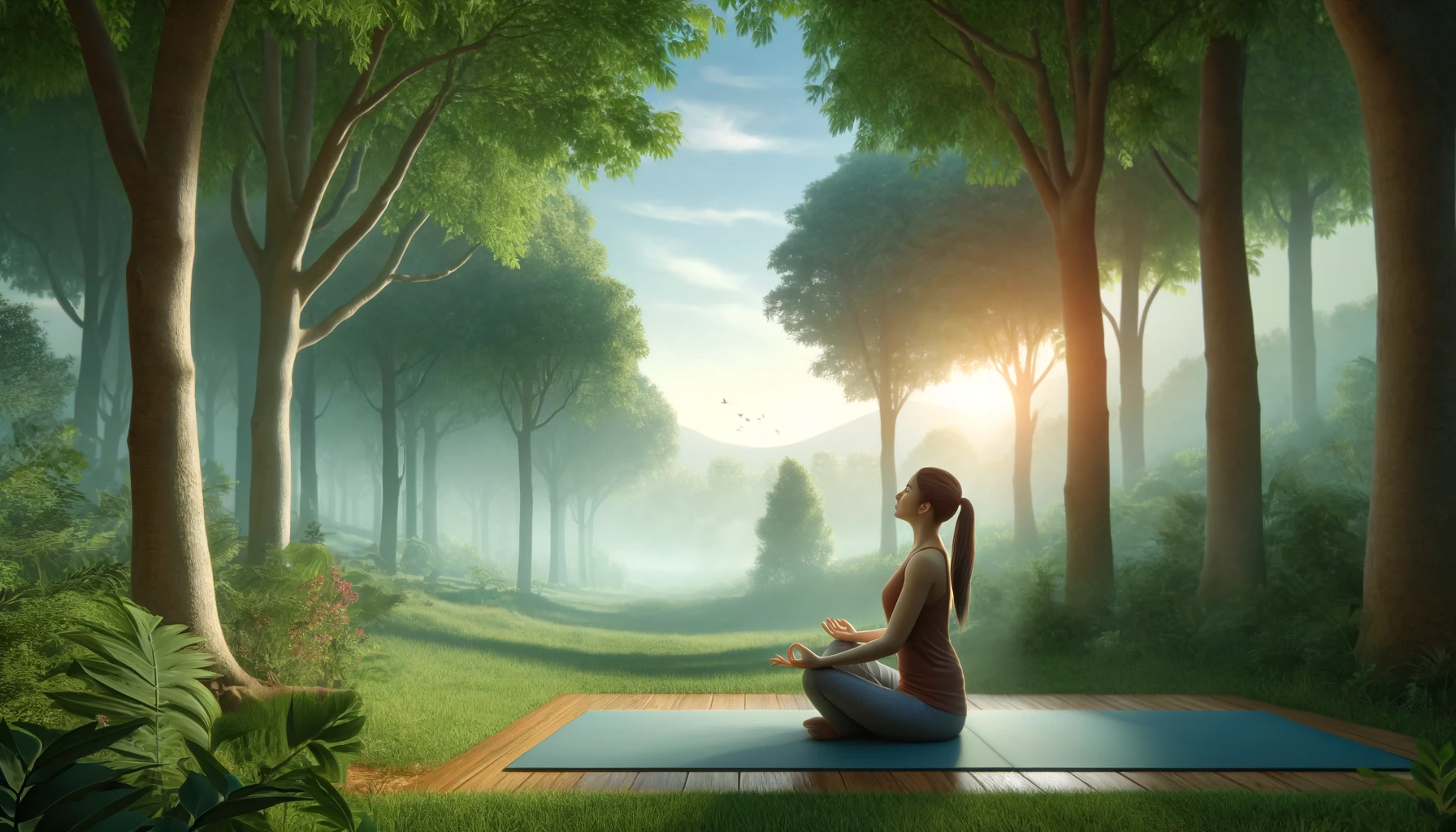 A realistic scene illustrating the 4-7-8 breathing technique, showing a person sitting cross-legged on a yoga mat in a peaceful outdoor setting, surrounded by nature with trees and a soft blue sky. They have their eyes closed, focusing on their breath, capturing the essence of tranquility and relaxation.