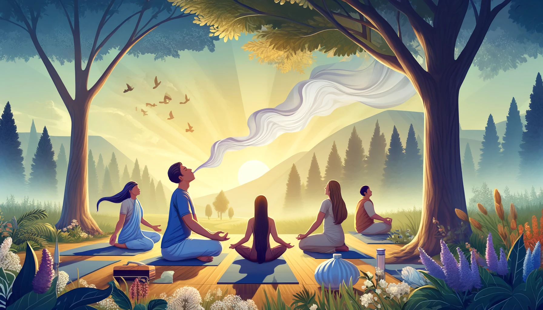A serene illustration of traditional pranayama breathing techniques, featuring several people practicing different methods such as Nadi Shodhana, Kapalabhati, and Bhastrika in a peaceful outdoor setting with trees, grass, and a clear sky. The environment is calm and tranquil, emphasizing mindfulness and relaxation associated with traditional pranayama practices.