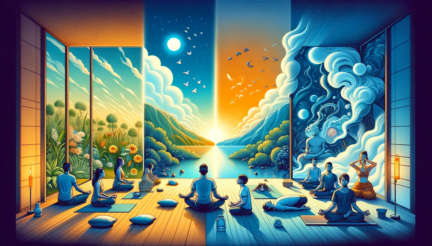 A wide illustration showing a comparative analysis of the 4-7-8 breathing technique and traditional pranayama methods. The left side features a person practicing the 4-7-8 technique in a calm indoor setting, while the right side shows individuals practicing traditional pranayama techniques like Nadi Shodhana, Kapalabhati, and Bhastrika in a serene outdoor environment. The tranquil backgrounds emphasize the distinct settings and benefits of each method.