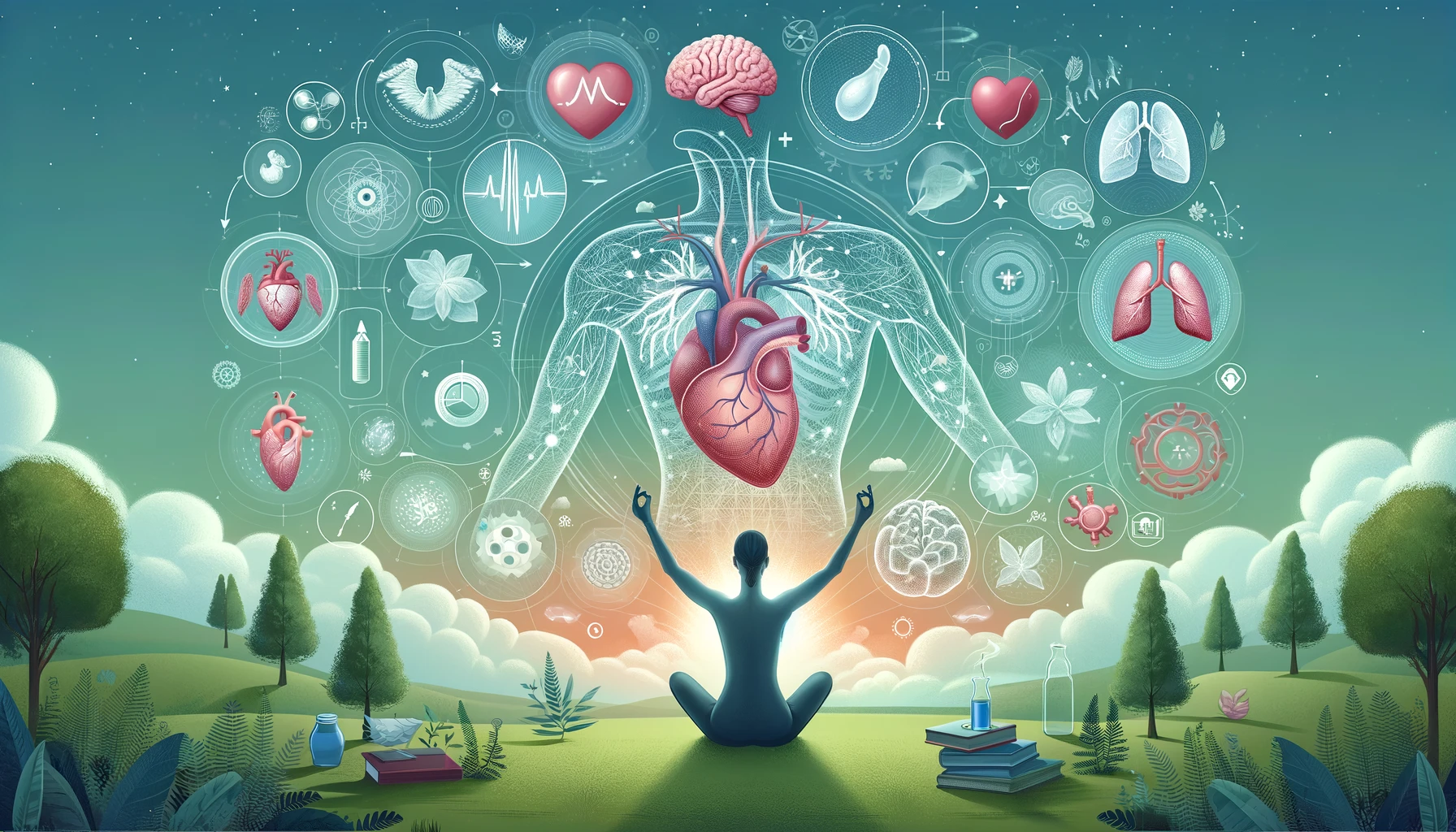 A wide illustration depicting the scientific basis and health benefits of breathing techniques. The image features a person meditating and practicing deep breathing in a serene environment, surrounded by symbols of health benefits like a heart for cardiovascular health, a brain for mental clarity, and lungs for respiratory health. The background includes elements of nature, such as trees and a clear sky, emphasizing tranquility and wellness.