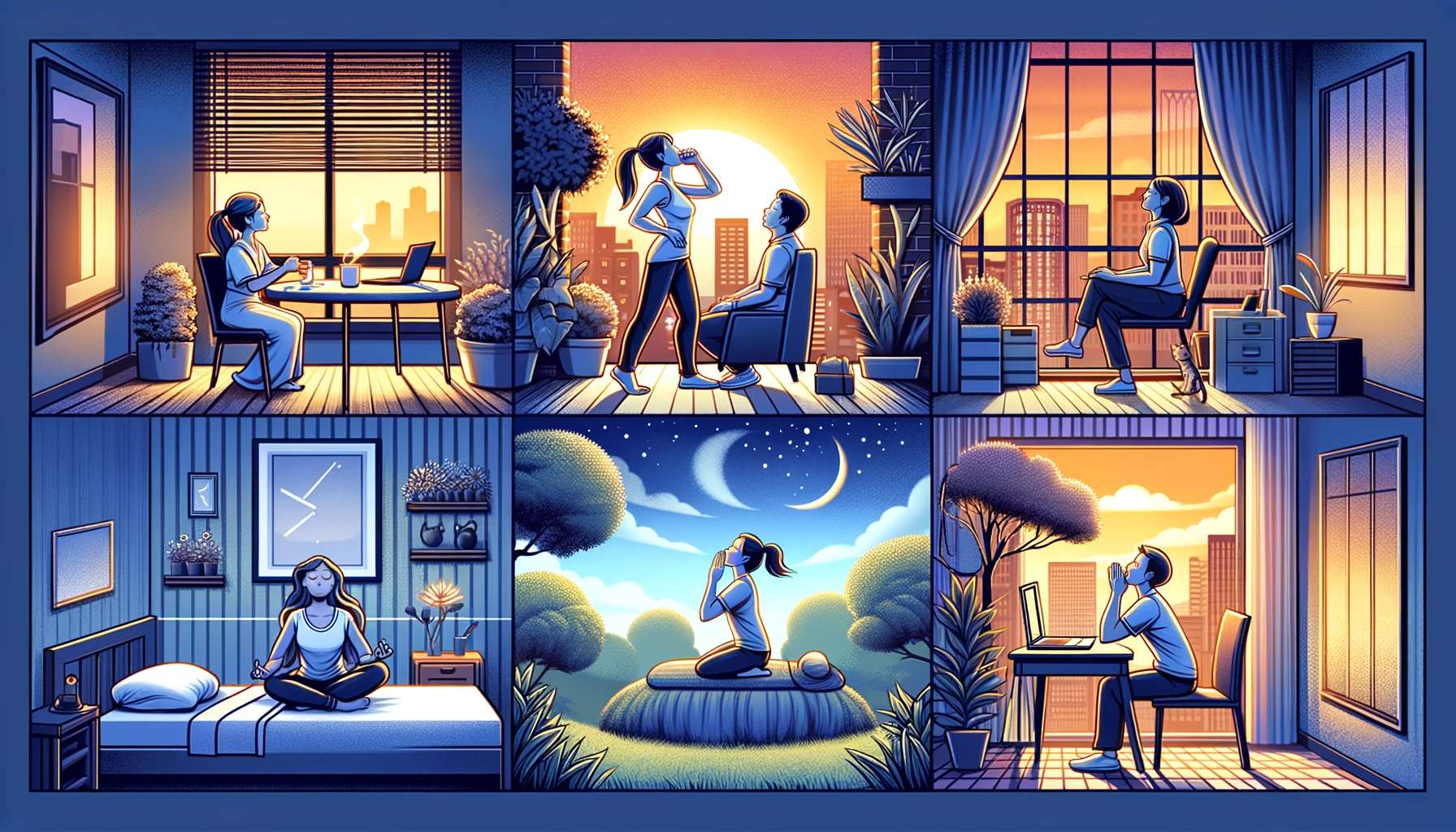 A wide illustration showing the integration of the 4-7-8 breathing technique into daily routines. The image depicts various moments of the day where people practice the 4-7-8 method: a person practicing it in the morning on a balcony, another at work during a break, someone before bed in a cozy bedroom, and another in a park. The background includes morning light, office setting, evening ambiance, and a peaceful park scene, emphasizing the technique's incorporation into different parts of the day.